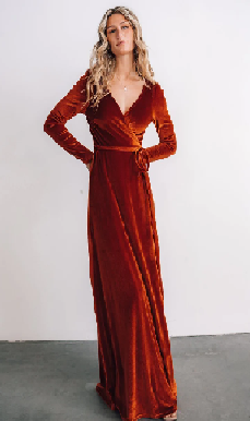 Esmerelda Velvet Wrap Maxi Dress Rust on sale at Baltic Born